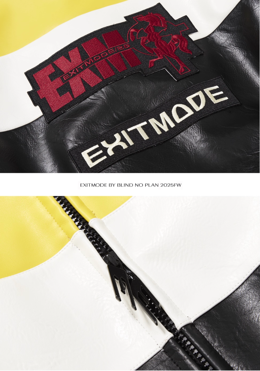 BLIND NO PLAN Color Block Embroidered Racing Leather Jacket | Face 3 Face