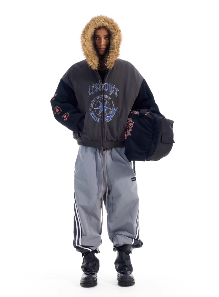 BLIND NO PLAN Color Block Fur Hood Padded Jacket | Face 3 Face