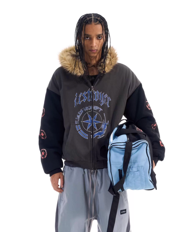 BLIND NO PLAN Color Block Fur Hood Padded Jacket | Face 3 Face