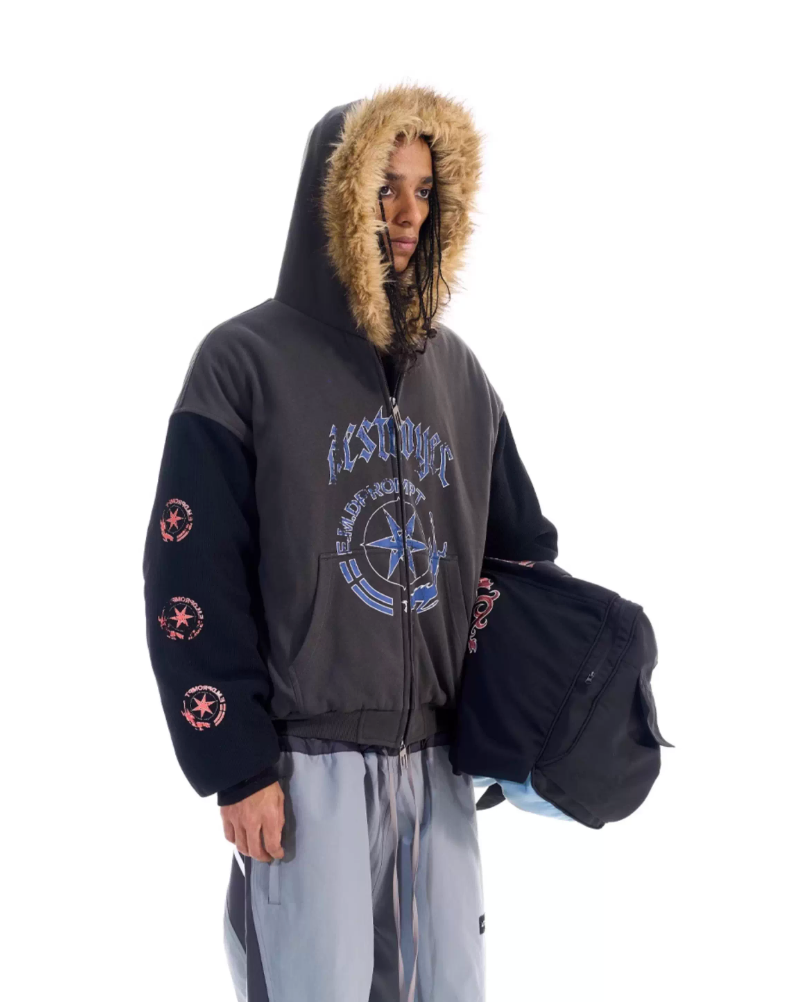 BLIND NO PLAN Color Block Fur Hood Padded Jacket | Face 3 Face