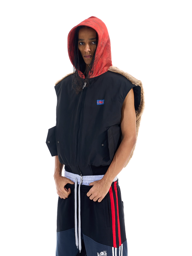 BLIND NO PLAN Patchwork Fur Hooded Vest | Face 3 Face
