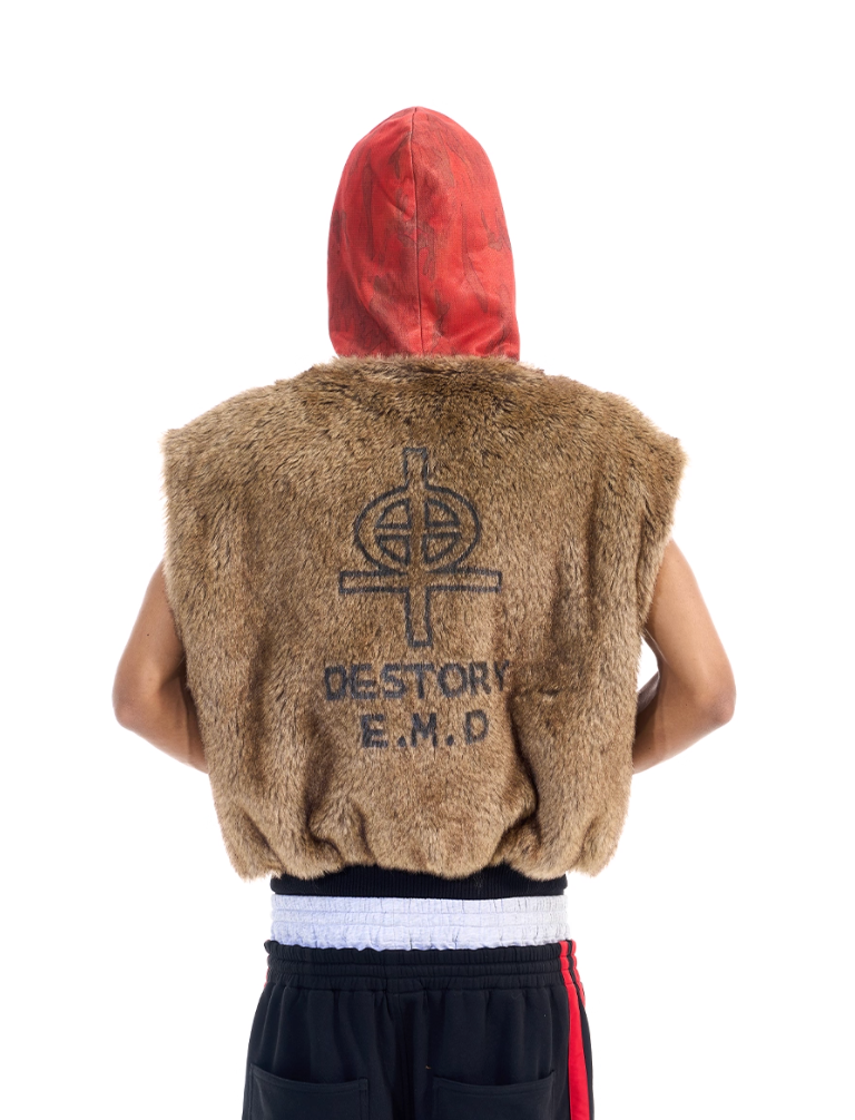 BLIND NO PLAN Patchwork Fur Hooded Vest | Face 3 Face