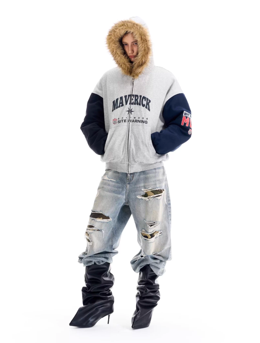 BLIND NO PLAN Gray Color Block Fur Hood Padded Jacket | Face 3 Face