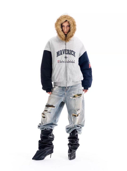 BLIND NO PLAN Gray Color Block Fur Hood Padded Jacket | Face 3 Face