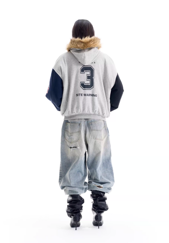 BLIND NO PLAN Gray Color Block Fur Hood Padded Jacket | Face 3 Face