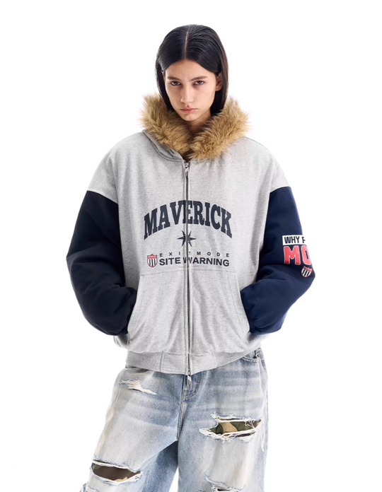 BLIND NO PLAN Gray Color Block Fur Hood Padded Jacket | Face 3 Face