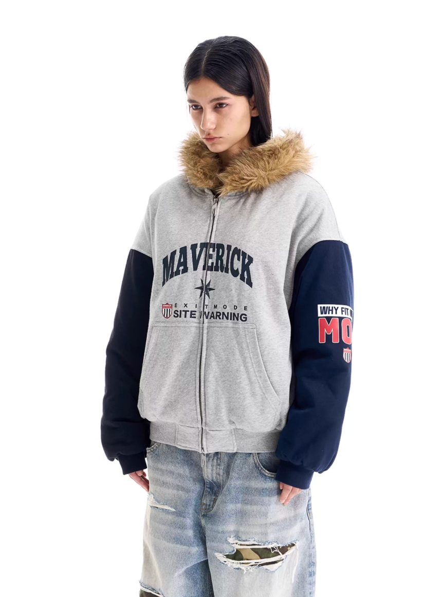 BLIND NO PLAN Gray Color Block Fur Hood Padded Jacket | Face 3 Face