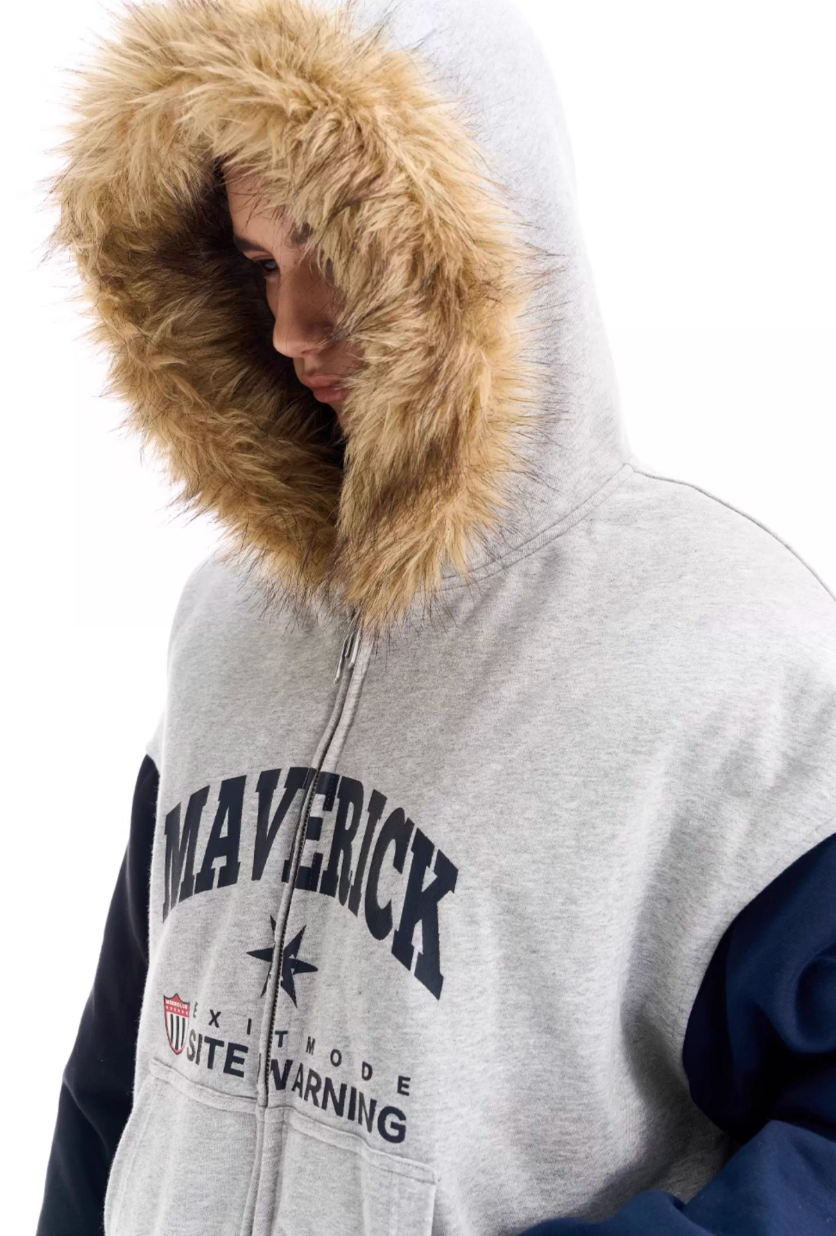 BLIND NO PLAN Gray Color Block Fur Hood Padded Jacket | Face 3 Face