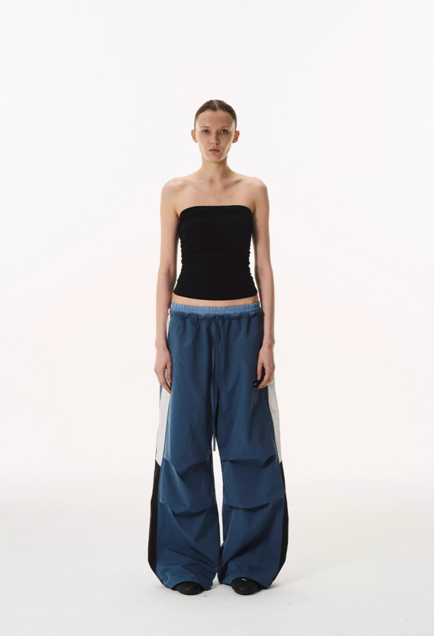 BLIND NO PLAN Double Waist Layered Color Block Pleated Track Pants | Face 3 Face