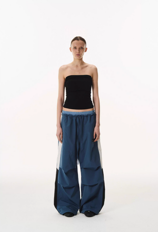 BLIND NO PLAN Double Waist Layered Color Block Pleated Track Pants | Face 3 Face