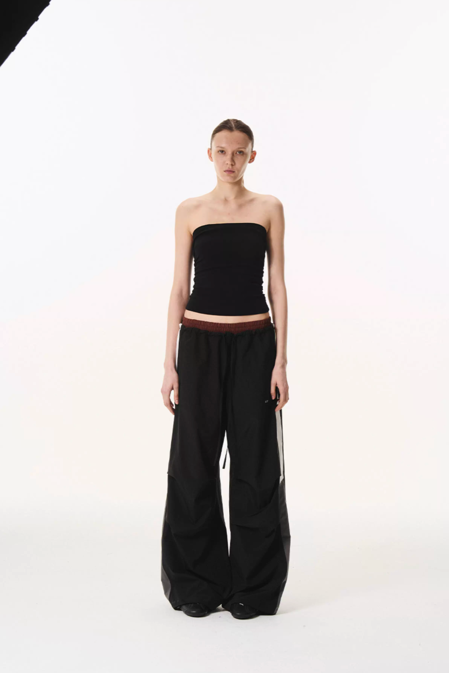 BLIND NO PLAN Double Waist Layered Color Block Pleated Track Pants | Face 3 Face