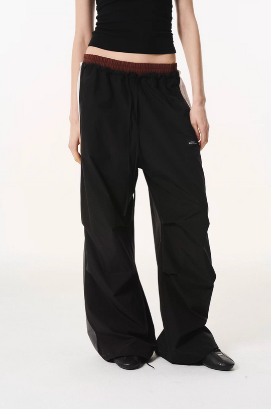 BLIND NO PLAN Double Waist Layered Color Block Pleated Track Pants | Face 3 Face