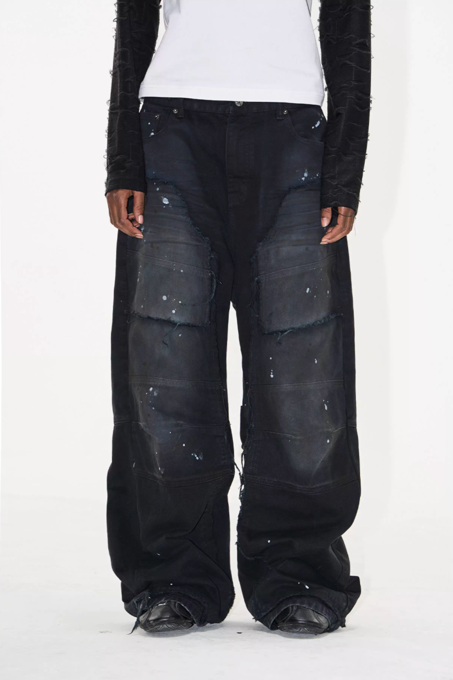 BLIND NO PLAN Washed Ink Splatter Patchwork Baggy Jeans | Face 3 Face
