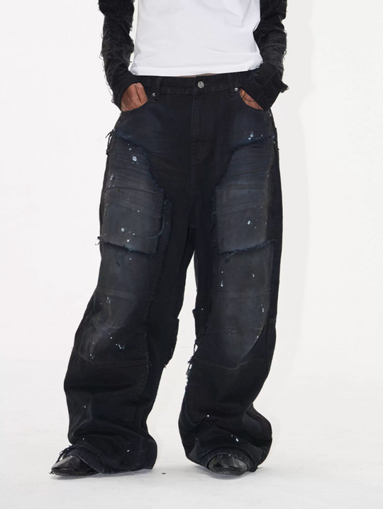 BLIND NO PLAN Washed Ink Splatter Patchwork Baggy Jeans | Face 3 Face