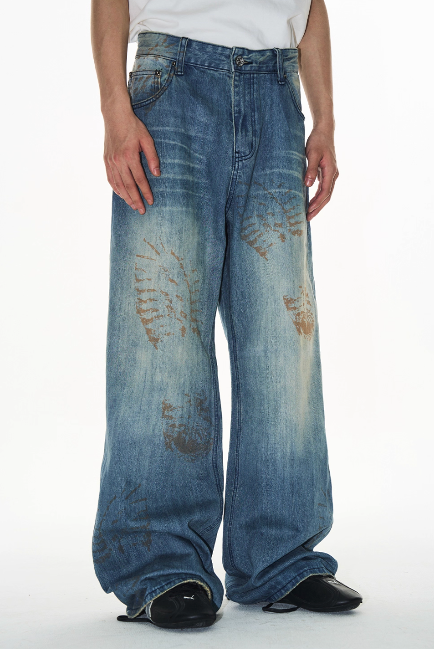 BLIND NO PLAN Washed Blue Footprint Baggy Jeans | Face 3 Face