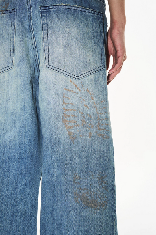 BLIND NO PLAN Washed Blue Footprint Baggy Jeans | Face 3 Face