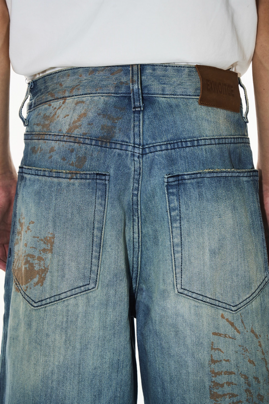 BLIND NO PLAN Washed Blue Footprint Baggy Jeans | Face 3 Face