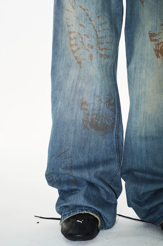BLIND NO PLAN Washed Blue Footprint Baggy Jeans | Face 3 Face