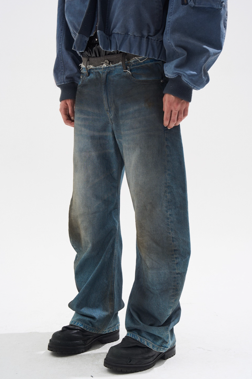 BLIND NO PLAN Frayed Waist Patchwork Washed Machete Jeans | Face 3 Face