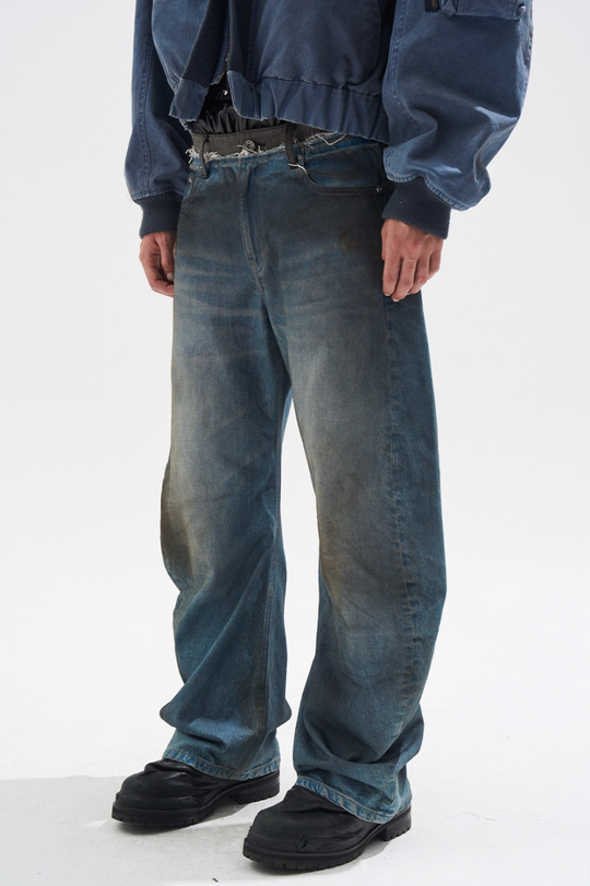 BLIND NO PLAN Frayed Waist Patchwork Washed Machete Jeans | Face 3 Face