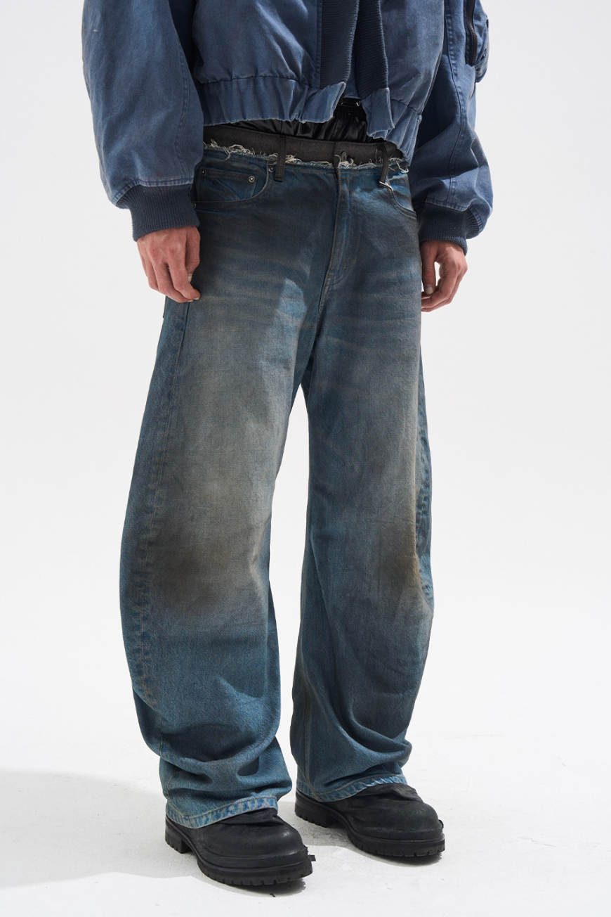 BLIND NO PLAN Frayed Waist Patchwork Washed Machete Jeans | Face 3 Face