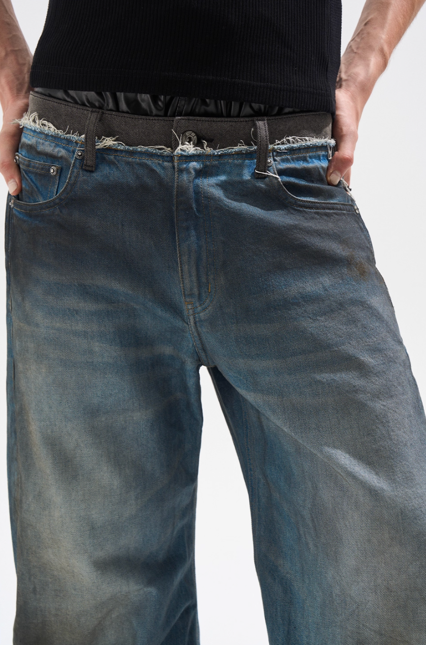 BLIND NO PLAN Frayed Waist Patchwork Washed Machete Jeans | Face 3 Face