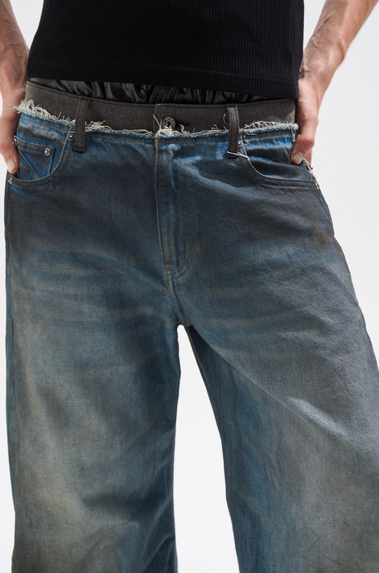 BLIND NO PLAN Frayed Waist Patchwork Washed Machete Jeans | Face 3 Face