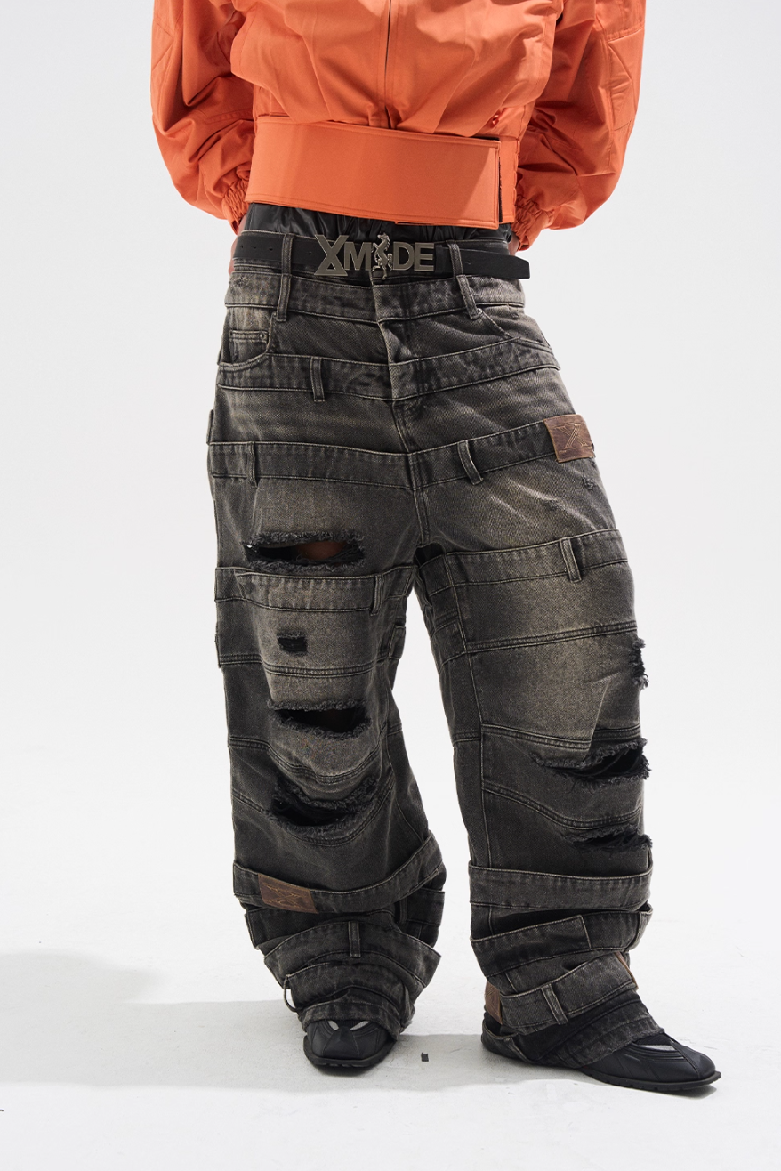 BLIND NO PLAN Multi Layered Waist Ash Washed Baggy Jeans | Face 3 Face
