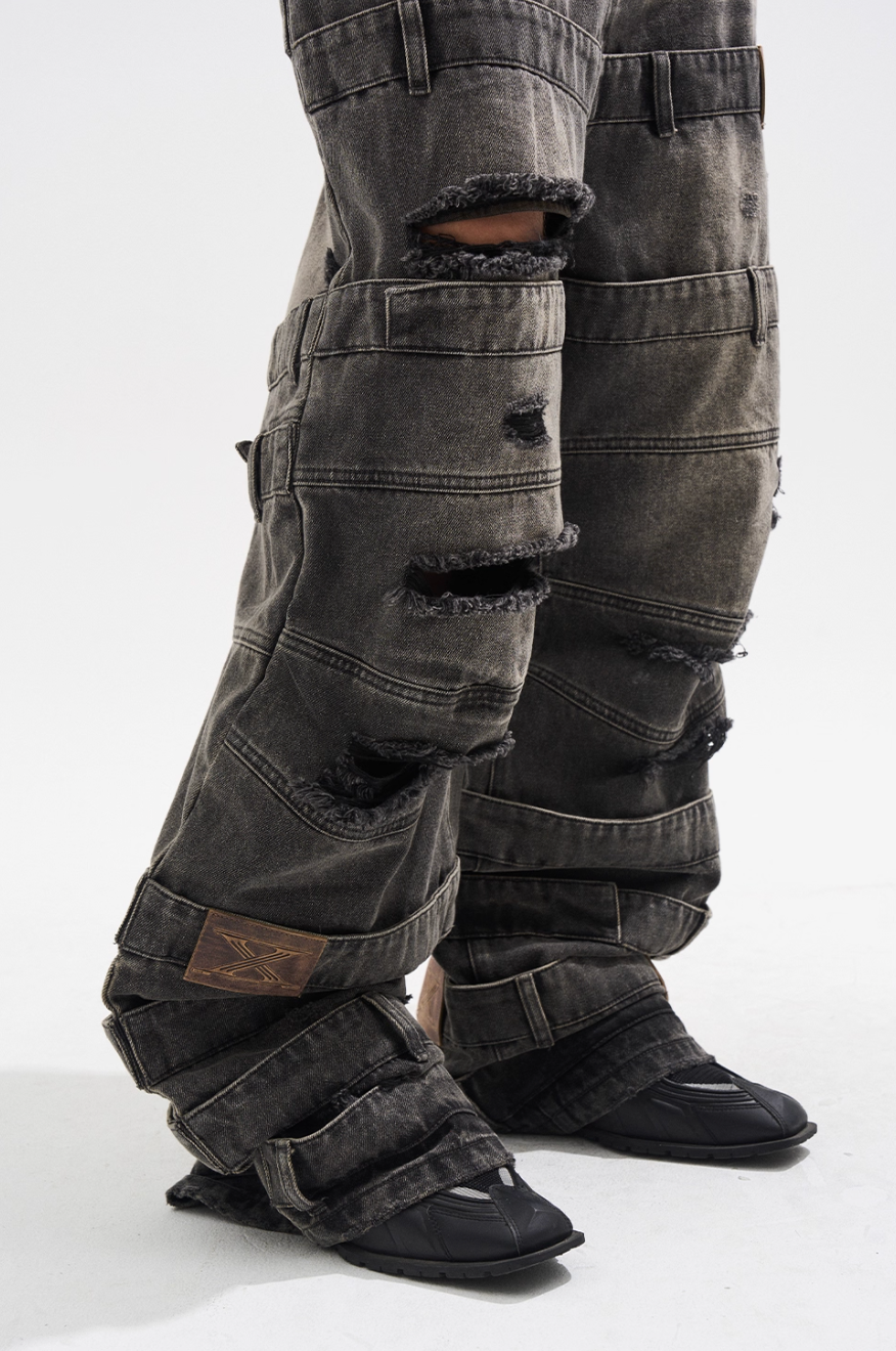 BLIND NO PLAN Multi Layered Waist Ash Washed Baggy Jeans | Face 3 Face