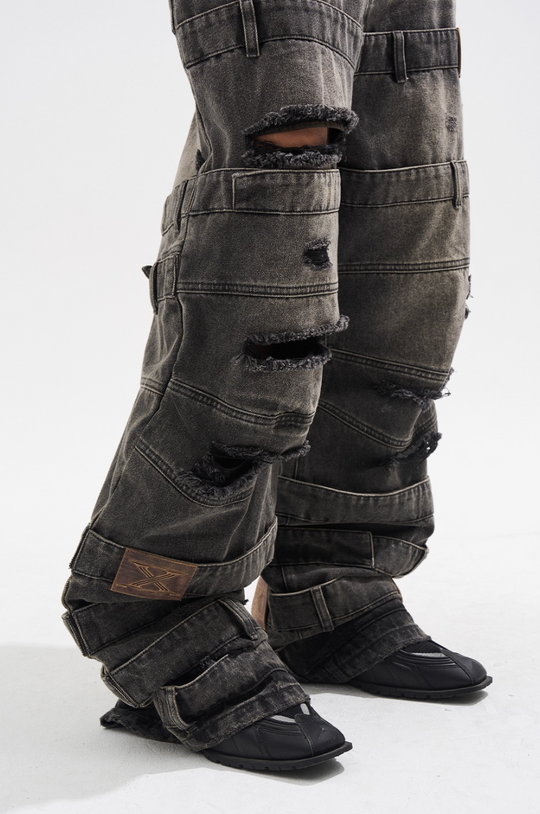 BLIND NO PLAN Multi Layered Waist Ash Washed Baggy Jeans | Face 3 Face