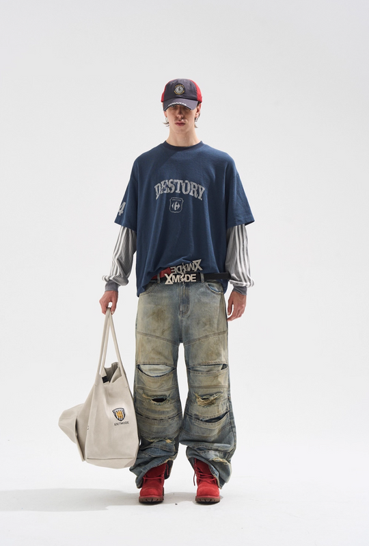 BLIND NO PLAN Layered Split Dirty Washed Baggy Jeans | Face 3 Face