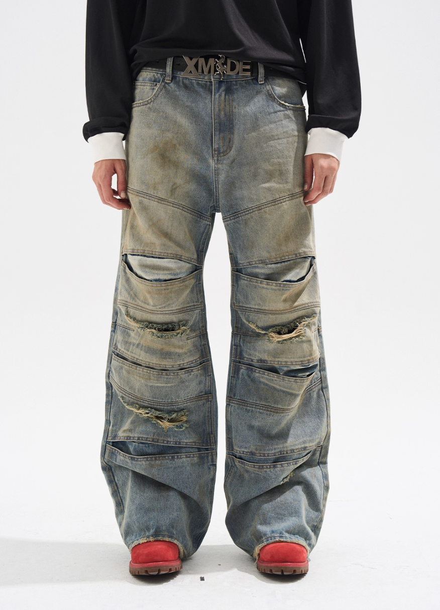 BLIND NO PLAN Layered Split Dirty Washed Baggy Jeans | Face 3 Face