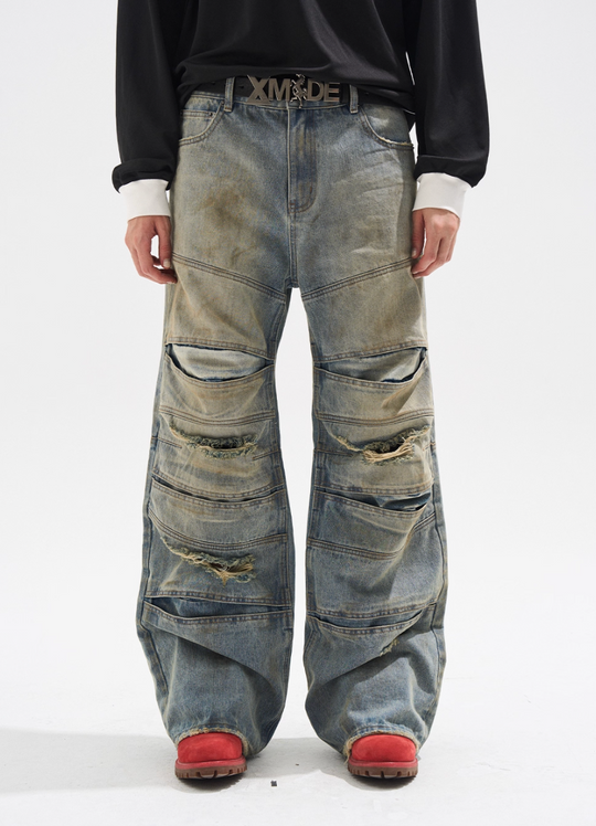 BLIND NO PLAN Layered Split Dirty Washed Baggy Jeans | Face 3 Face