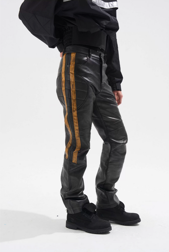 BLIND NO PLAN Striped Distressed PU Leather Moto Pants | Face 3 Face