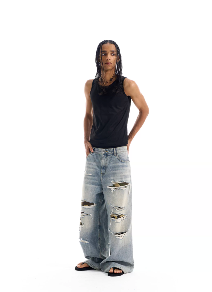 BLIND NO PLAN Washed Blue Ripped Camo Patch Baggy Jeans | Face 3 Face