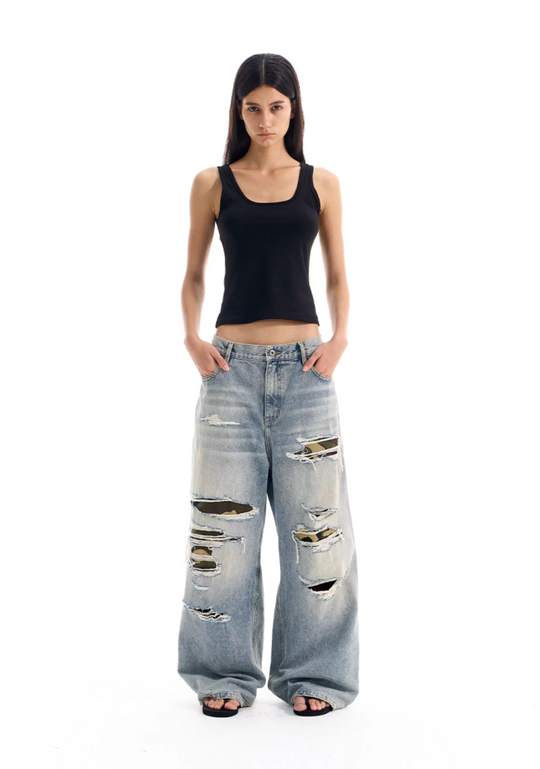 BLIND NO PLAN Washed Blue Ripped Camo Patch Baggy Jeans | Face 3 Face