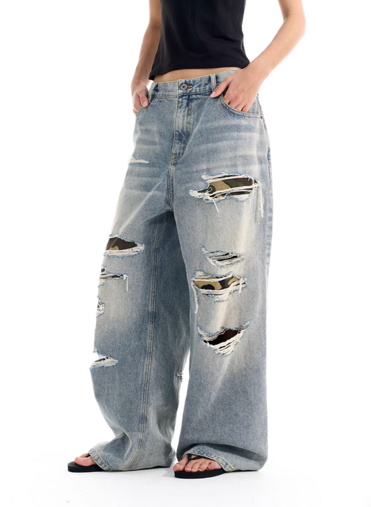 BLIND NO PLAN Washed Blue Ripped Camo Patch Baggy Jeans | Face 3 Face