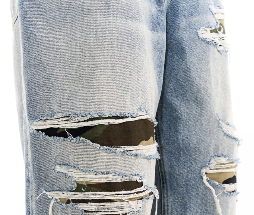 BLIND NO PLAN Washed Blue Ripped Camo Patch Baggy Jeans | Face 3 Face