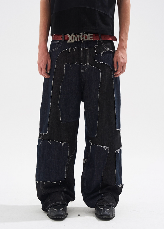BLIND NO PLAN Frayed Edge Patchwork Remake Denim Jeans | Face 3 Face