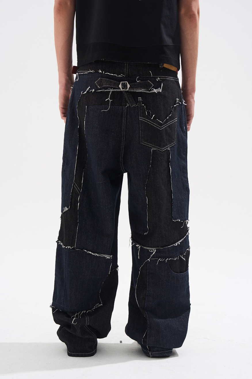 BLIND NO PLAN Frayed Edge Patchwork Remake Denim Jeans | Face 3 Face