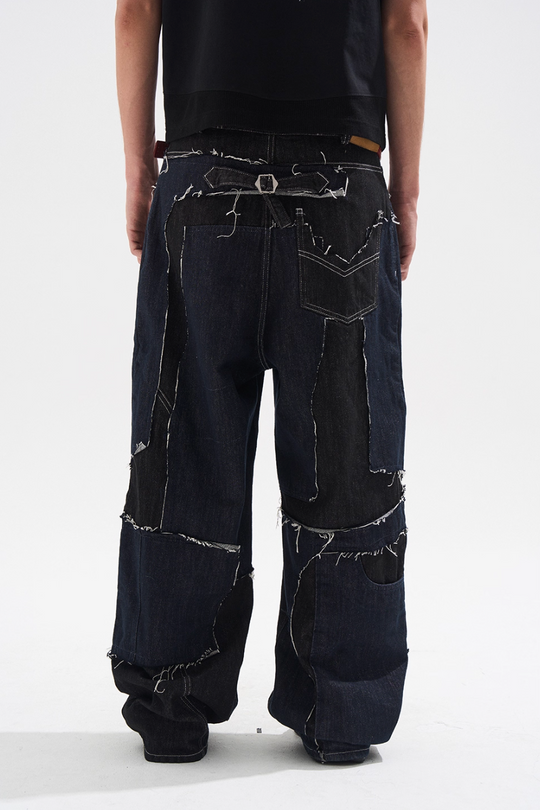 BLIND NO PLAN Frayed Edge Patchwork Remake Denim Jeans | Face 3 Face