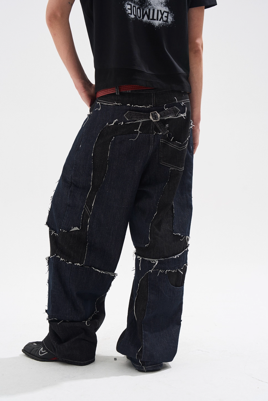 BLIND NO PLAN Frayed Edge Patchwork Remake Denim Jeans | Face 3 Face