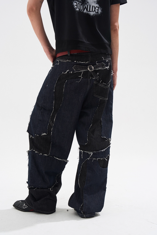 BLIND NO PLAN Frayed Edge Patchwork Remake Denim Jeans | Face 3 Face