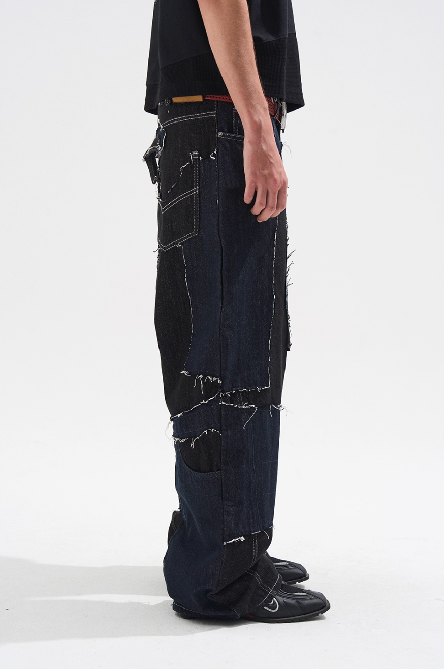 BLIND NO PLAN Frayed Edge Patchwork Remake Denim Jeans | Face 3 Face