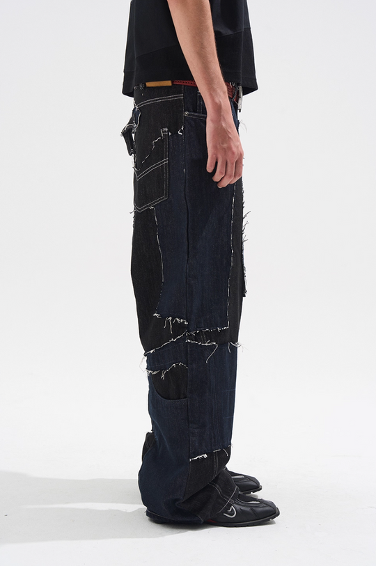 BLIND NO PLAN Frayed Edge Patchwork Remake Denim Jeans | Face 3 Face