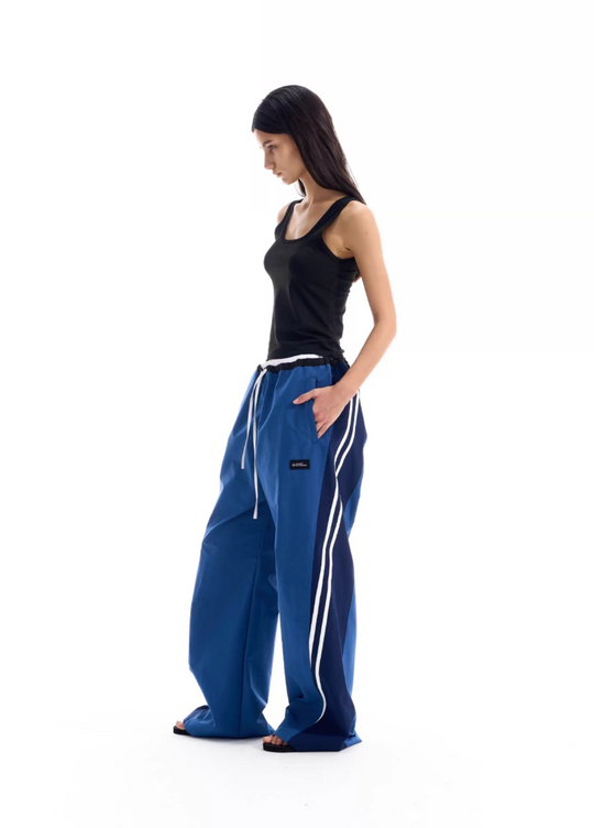 BLIND NO PLAN Color Block Striped Patchwork Baggy Track Pants | Face 3 Face