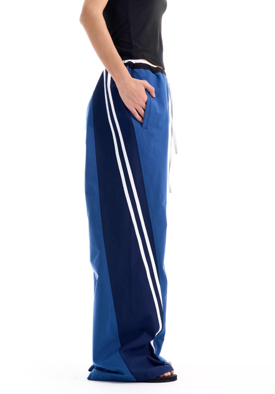 BLIND NO PLAN Color Block Striped Patchwork Baggy Track Pants | Face 3 Face