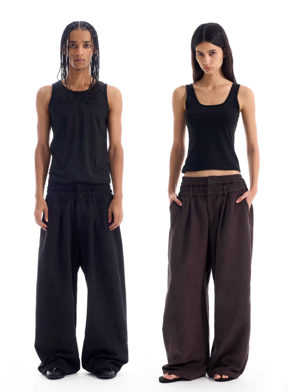 BLIND NO PLAN Layered Double Waist Tuck Baggy Pants | Face 3 Face