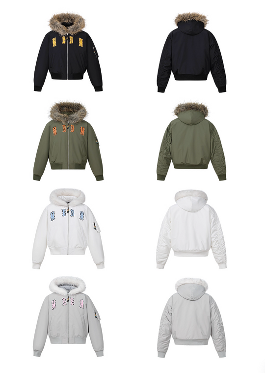 MEDM Animal Logo Patch Fur Hooded Bomber Jacket | Face 3 Face