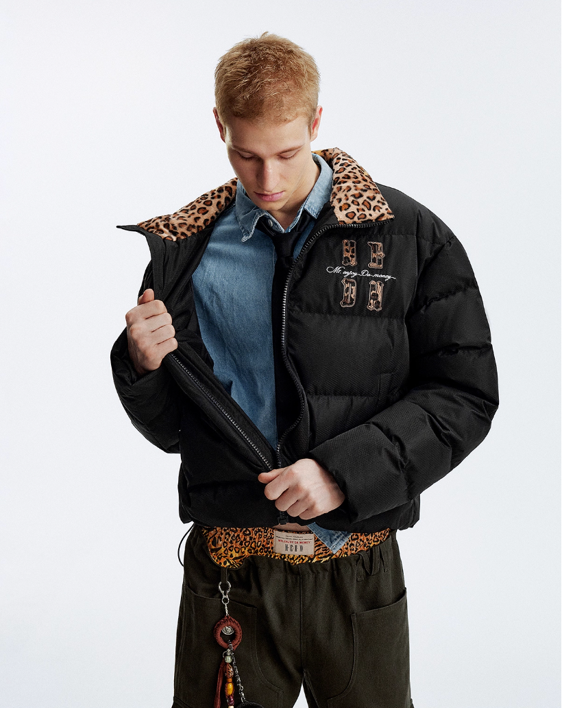 MEDM Leopard Collar Logo Patch Down Jacket | Face 3 Face